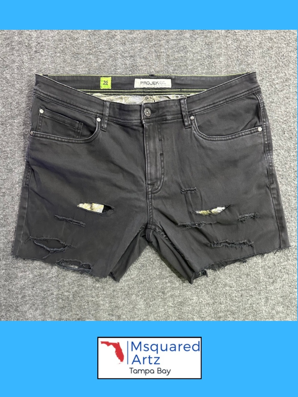 Projek Raw Men’s 36 Black Distressed Denim Shorts Ripped Cutoff Stretch Jean